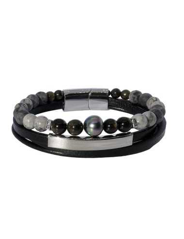 Inspiration Obsidienne: Bracelet homme en cuir, perle de Tahiti et pierres naturelles grises et noires