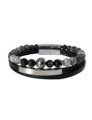 Inspiration Obsidienne: Bracelet homme en cuir, perle de Tahiti et pierres naturelles grises et noires