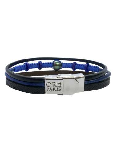 Bracelet homme cuir etperle de Tahiti dans les tons bleus. Détail du fermoir