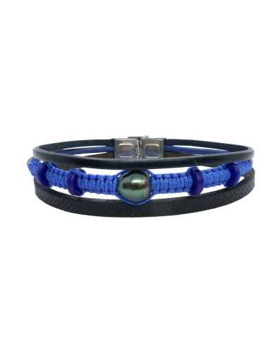 Bracelet homme perle de Tahiti baroque. Cuir et tressage bleu