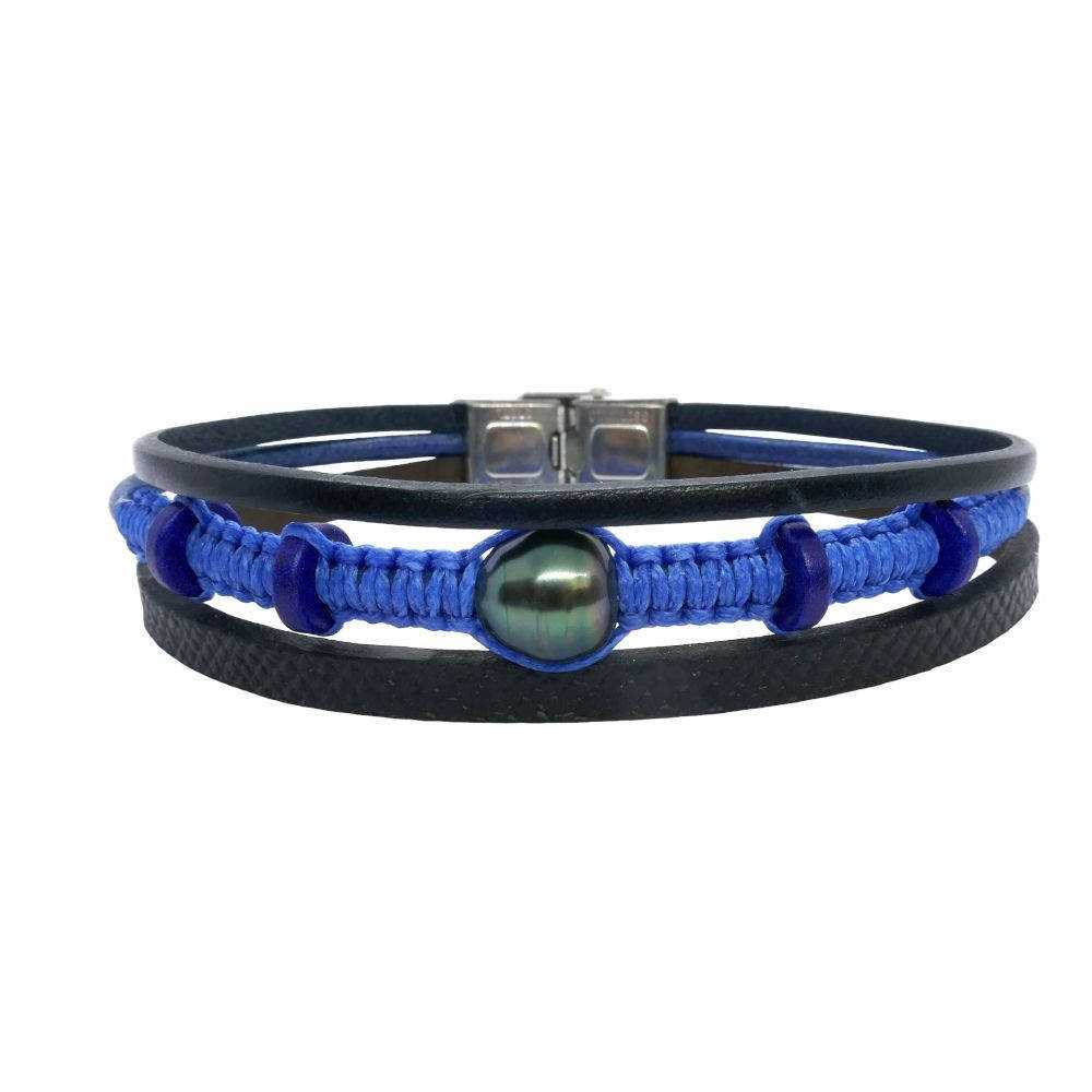 Bracelet homme perle de Tahiti baroque. Cuir et tressage bleu