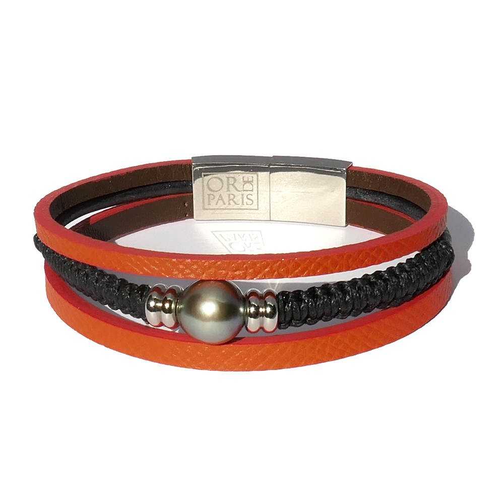 Bracelet en cuir de luxe orange façon hermes  et perle de Tahiti