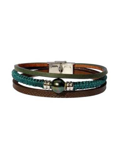 Bracelet homme perle de Tahiti verte sur cuir et tressage vert: une harmonie nature