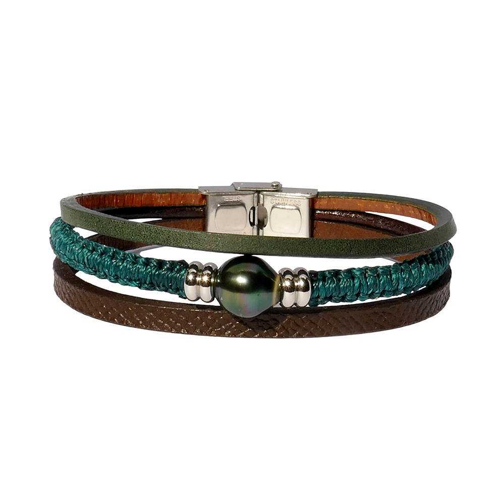 Bracelet homme perle de Tahiti verte sur cuir et tressage vert: une harmonie nature